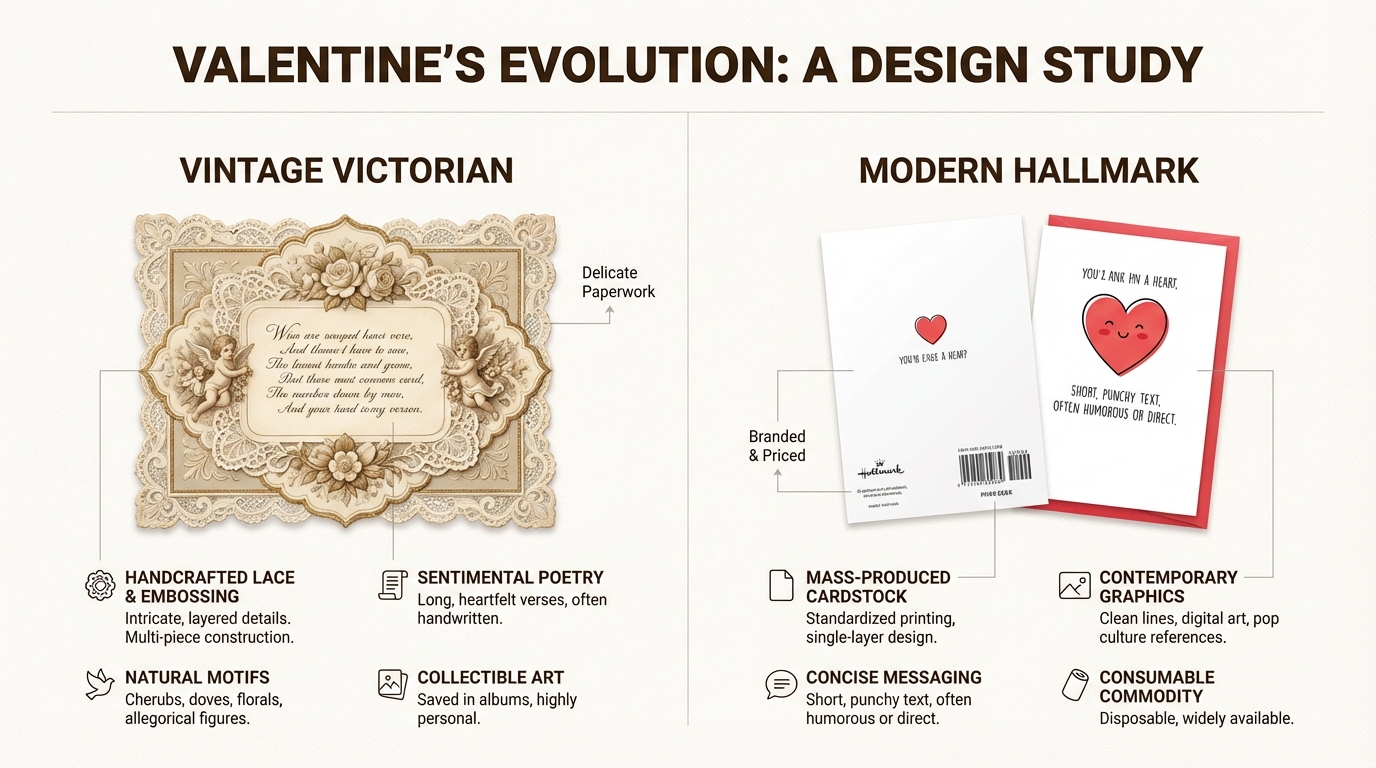 Design aesthetics have evolved from handmade intricacy to printed accessibility, but the sentiment remains constant